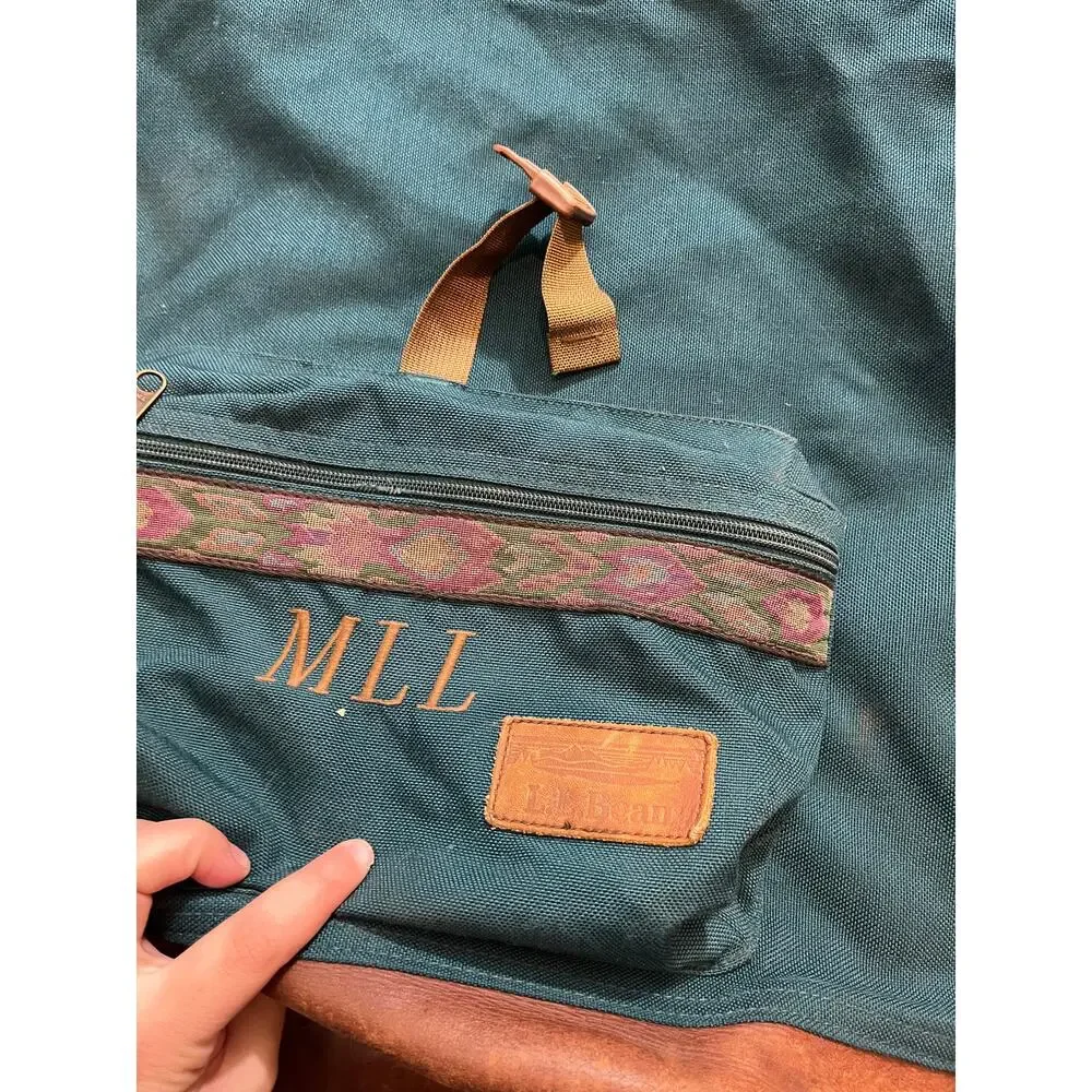 VTG Vintage 90s LL Bean Book Bag - Aztec Southwest &‎ Leather Backpack Green USA